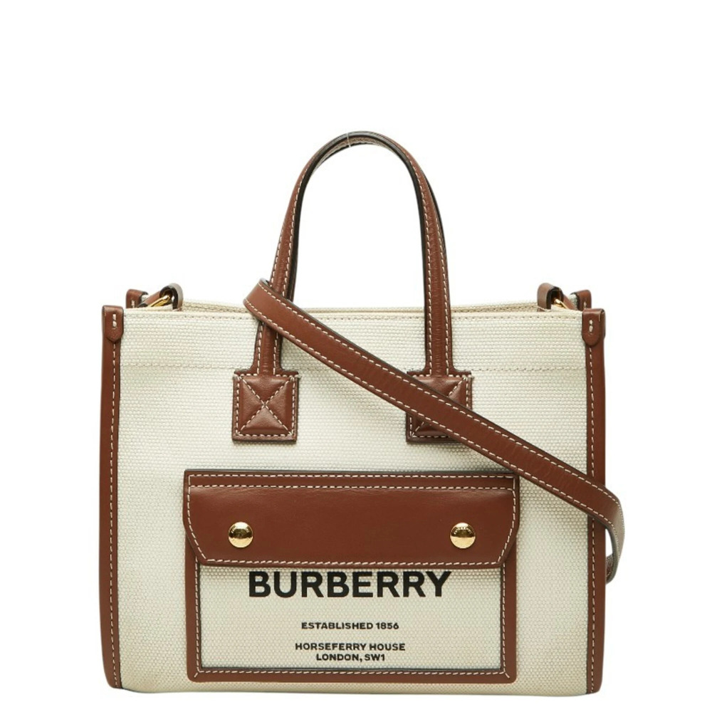 Burberry Mini Freya Handbag Shoulder Bag 8044143 Ivory Brown Canvas Leather W...